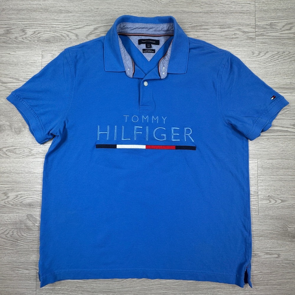 Tommy Hilfiger Men's Polo Shirt Custom Fit Blue Large Embroidered Logo Cotton
